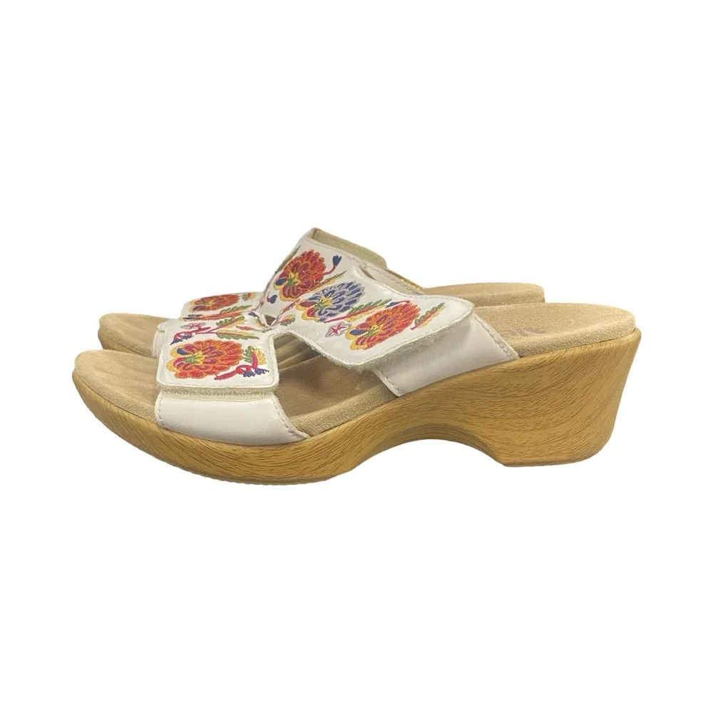 Alegria Embroidered Slide Wedge Sandals White Floral Leather boho festival 7.5